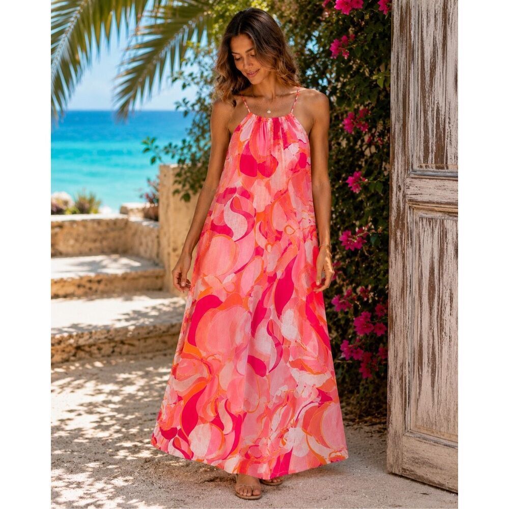 Rachel Zoe Linen Blend Maxi Dress Pink Orange Abstract Print Tassel Shell Size L